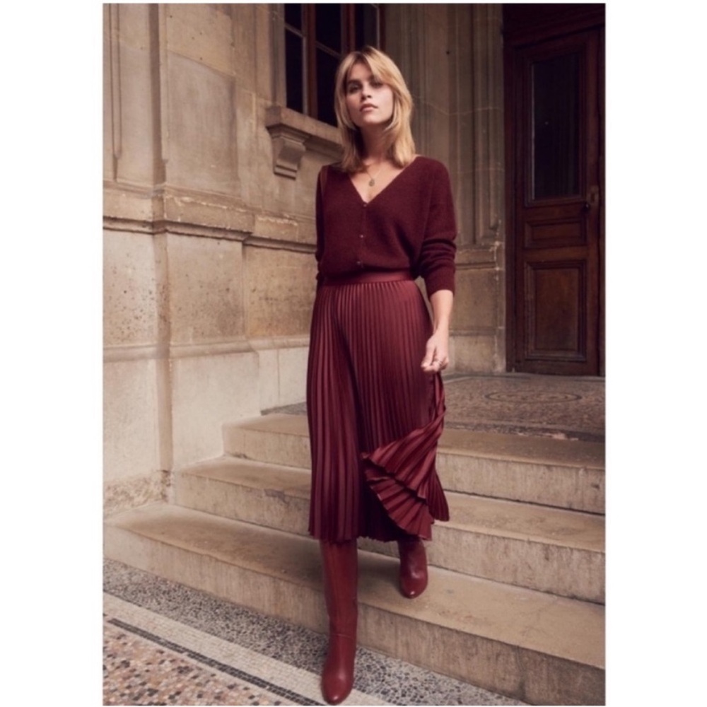 Sezane Burgundy Pleated Midi Skirt